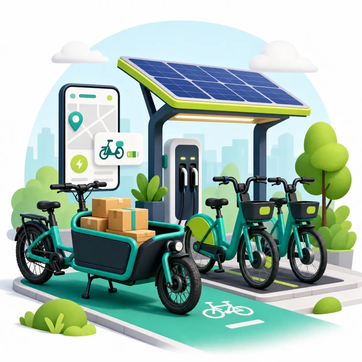 Ilustración caricatura de bicicletas eléctricas, bici de carga y estación solar