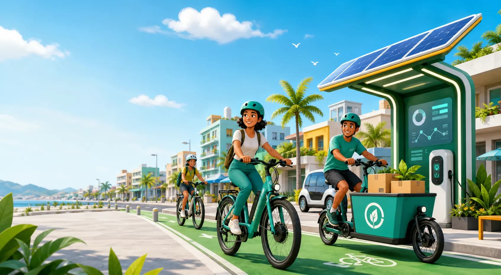 Ilustración caricatura de bicicletas eléctricas, bicis de carga y estación solar CIATRAN